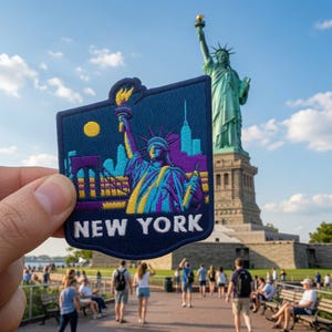 May include: A dark blue embroidered patch featuring a stylized Statue of Liberty in yellow and purple threads, a yellow sun, and the text NEW YORK in white capital letters. The patch has a shield-like shape with a dark blue border.