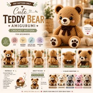 Può includere: Uno schema all'uncinetto per un orsetto amigurumi, con un orso marrone chiaro, un fiocco marrone scuro, muso e cuscinetti color crema. L'immagine include testo, liste dei materiali, dimensioni di 22-24 cm e varianti di colore.