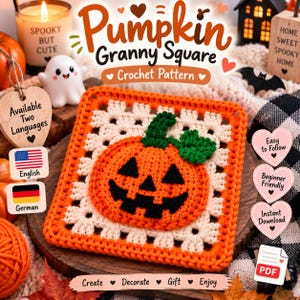 Può includere: Uno schema quadrato all'uncinetto con una zucca arancione centrale con stelo e foglia verdi su uno sfondo granny square color crema con bordo arancione. Il testo recita Pumpkin Granny Square Crochet Pattern.