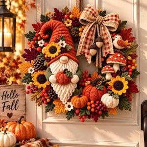 Könnte beinhalten: Ein dekorativer Herbstkranz mit einem gehäkelten Wichtel mit hohem orangefarbenem Hut, Sonnenblumen, Kürbissen, Pilzen und einem kleinen Vogel. Der Kranz ist mit einer braun-weiß karierten Schleife, Tannenzapfen und roten Beeren reich verziert.