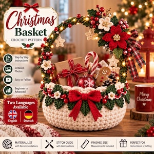 Può includere: Uno schema all'uncinetto per un cesto natalizio composto da un cesto color crema decorato con fiocchi rossi, foglie verdi, fiori bianchi e bacche rosse. Il cesto contiene un pacco regalo, un bastoncino di zucchero, un omino di pan di zenzero e una pallina rossa.