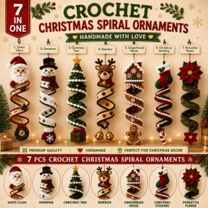 Può includere: Un set di sette decorazioni natalizie a spirale realizzate all'uncinetto raffiguranti Babbo Natale, un pupazzo di neve, un albero di Natale, una renna, una casetta di pan di zenzero, una calza e una stella di Natale con colori festivi.