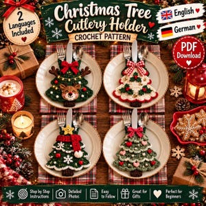 May include: Four crochet Christmas tree cutlery holders displayed on plates, each featuring unique festive decorations like reindeer, holly, stars, and hearts. The image includes text: Christmas Tree Cutlery Holder Crochet Pattern.