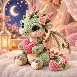 Può includere: Un peluche a forma di drago realizzato all'uncinetto in tonalità verde salvia e rosa tenue. La creatura presenta grandi occhi scuri, piccole corna e ali, e tiene tra le zampe un cuore rosa. È decorato con piccoli fiori e ha una trama in filato.