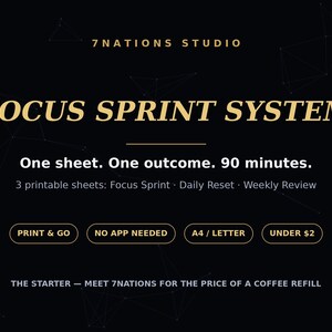 May include: A black digital graphic featuring the text 7 NATIONS STUDIO and FOCUS SPRINT SYSTEM in gold. It lists One sheet. One outcome. 90 minutes. and 3 printable sheets: Focus Sprint, Daily Reset, Weekly Review. Includes buttons: PRINT & GO, NO APP NEEDED, A4 / LETTER, UNDER $2.
