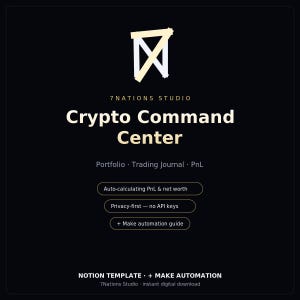 Peut inclure: Un modèle numérique Notion intitulé 7 Nations Studio Crypto Command Center. L'interface noire présente du texte blanc et beige, notamment Portfolio, Trading Journal, PnL, Auto-calculating PnL & net worth, Privacy-first — no API keys et + Make automation guide.