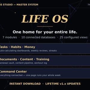 Puede incluir: Una interfaz de panel digital titulada LIFE OS de 7Nations Studio. El fondo negro presenta texto dorado que detalla 7 módulos, 10 bases de datos conectadas y 25 vistas. Las secciones incluyen Tasks, Habits, Money, Documents, Content, Training y Command Center.
