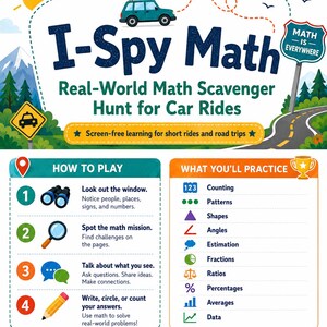 Könnte beinhalten: Ein I-Spy Math Lernblatt für Autofahrten mit einem blauen Auto, einer Sonne und einem Straßenschild. Es enthält Spielanleitungen, eine Liste mathematischer Konzepte und den Text: I-Spy Math, Real-World Math Scavenger Hunt for Car Rides.