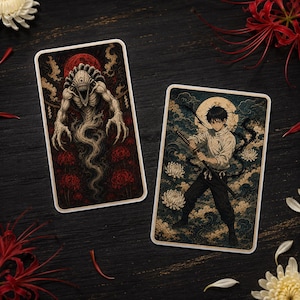 Peut inclure: Deux cartes artistiques rectangulaires avec des illustrations détaillées. La carte de gauche représente une créature pâle aux multiples yeux et griffes acérées sur fond de lune rouge et fleurs. La droite montre une personne avec un katana.