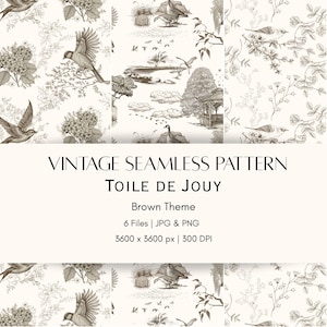 Peut inclure: Une collection numérique de motifs sans couture Toile de Jouy marron et blanc avec des oiseaux, des arrangements floraux et des paysages avec un kiosque. Le texte indique VINTAGE SEAMLESS PATTERN TOILE DE JOUY Brown Theme 6 Files | JPG & PNG 3600 x 3600 px | 300 DPI.