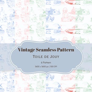 Padrão Toile de Jouy sem costura | Estampas digitais vintage francesas, fundo rústico, download em PNG e JPG
