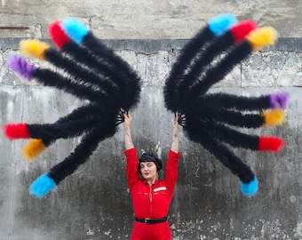 2 Eventails cascade Vegan éventails tulle boa Burlesque Showgirl made in France