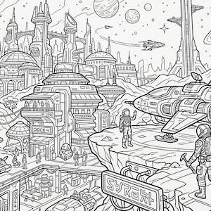 May include: A black and white line art colouring page depicting a futuristic space colony with a starport, docked spacecraft, and astronauts in suits. The scene features tall buildings, domed structures, planets in the sky, and rocky terrain.