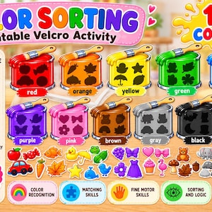 Puede incluir: Una actividad imprimible de clasificación de colores con 11 botes de pintura en rojo, naranja, amarillo, verde, azul, morado, rosa, marrón, gris, negro y blanco. Cada bote tiene un pincel y cuatro formas a juego. Incluye 15 páginas de objetos.