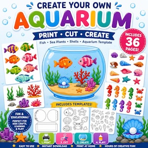 May include: A digital craft kit titled Create Your Own Aquarium featuring 36 pages of printable fish, sea plants, shells, and aquarium templates. The set includes colorful illustrations of marine life and black and white line art for coloring.