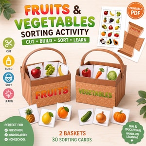 Op de afbeelding: Een printbare PDF-sorteeractiviteit voor fruit en groenten met twee bruine papieren mandjes met de labels FRUITS en VEGETABLES, inclusief 30 sorteerkaarten met afbeeldingen van diverse producten zoals appels, druiven, bananen, wortels en pompoenen.