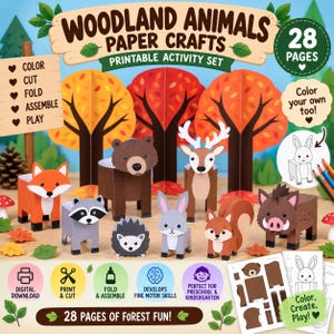 Puede incluir: Un set de actividades imprimible titulado Woodland Animals Paper Crafts con 28 páginas de personajes del bosque que incluyen un zorro, oso, ciervo, mapache, erizo, conejo, ardilla y jabalí, diseñados para colorear, cortar, doblar y ensamblar.