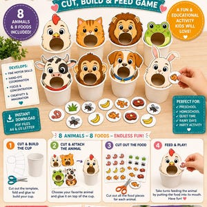 Puede incluir: Un set de actividades imprimible titulado Feed The Animals que incluye ocho caras de animales de papel para pegar en vasos y ocho alimentos para recortar. El set contiene instrucciones para recortar, armar y alimentar a los animales.