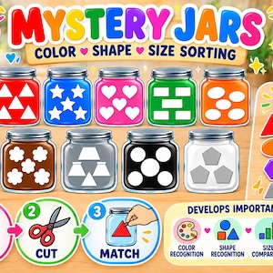 Può includere: Un set di 11 barattoli misteriosi per ordinare per colore, forma e dimensione, con barattoli gialli, rossi, blu, rosa, verdi, arancioni, viola, marroni, grigi, neri e bianchi, contenenti varie forme geometriche bianche o grigie.