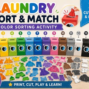 May include: A color sorting activity set featuring 13 colorful cardboard laundry machines numbered 1 through 13, each with a blue circular window. Includes over 195 paper clothing cutouts in matching colors to sort into the corresponding machines.