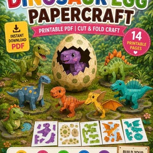 Puede incluir: Un kit de manualidades en papel 3D de huevos de dinosaurio en PDF imprimible con 14 páginas de plantillas para cortar y doblar. El set incluye varios dinosaurios de papel coloridos y un huevo grande moteado con pasos para ensamblar.