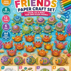 Op de afbeelding: Een doe-het-zelf papierknutselset genaamd Ocean Friends met 27 printbare papieren figuren, waaronder schildpadden, krabben en vissen. De set bevat instructies voor het inkleuren, knippen, vouwen en lijmen van de ontwerpen met kleurrijke voorbeelden.