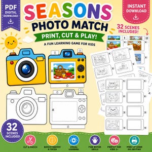 Könnte beinhalten: Ein digitales Lernspiel zum Herunterladen mit dem Titel SEASONS PHOTO MATCH. Das Set enthält farbige und schwarz-weiße druckbare Kameravorlagen sowie Blätter mit 32 Szenen, die Kinder ausschneiden und in die Kamerarahmen einfügen können.