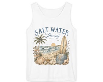 Salt Water Therapy Beach Scene Tank Top | Surfboard, Palm Tree, Seashells