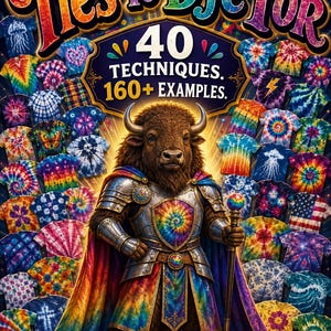 Könnte beinhalten: Ein Buchcover mit dem Titel Ties To Dye For, das 40 Techniken und 160+ Beispiele für Batik-Shirts zeigt. Ein zentraler Büffelritter in verzierter Metallrüstung und Regenbogenumhang hält einen Stab, mit dem Text With Sir Milo, Buffalo Rainbow Knight.