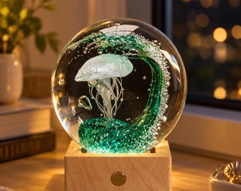 Handmade Glass Jellyfish  Sculpture, Ocean Glass Paperweight, Coastal Home Decor, Nightstand Decor, Unique Ocean Lover Gift,Halloween gifts