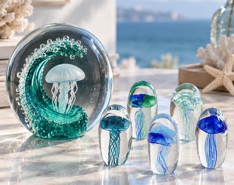 Handmade Glass Jellyfish  Sculpture, Ocean Glass Paperweight, Coastal Home Decor, Nightstand Decor, Unique Ocean Lover Gift