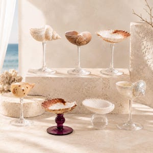 Bicchieri da vino in conchiglia realizzati a mano, bicchieri per matrimoni in spiaggia, calici da cocktail in stile costiero, accessori da bar per la spiaggia, regalo per damigella d'onore.