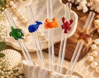 Glazen rietjes met oceaan dierenmotieven, zoals zeeschildpadden, walvissen, zeesterren, krabben en kreeften, herbruikbaar drinkrietje, strandcadeau voor haar