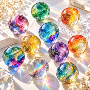 May include: A collection of ten spherical glass paperweights featuring swirling galaxy-like patterns in vibrant colours including blue, purple, green, orange, and yellow, with embedded glitter and small air bubbles creating a reflective effect.