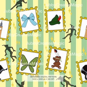 May include: A seamless digital pattern featuring vertical light green and yellow stripes with scattered silhouettes of a flying figure. Yellow postage stamp frames contain illustrations of a blue bow, a green hat, a green butterfly, and a teddy bear.