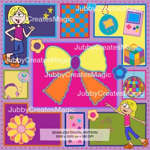 May include: A digital collage featuring a large yellow and orange bow, two cartoon characters with blonde hair, a disco ball, a handheld game console, a cube, and floral motifs. The text JubbyCreatesMagic and SEAMLESS DIGITAL PATTERN 5000 x 5000 px 300 DPI appear.