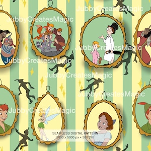 May include: A seamless digital pattern featuring oval gold-toned frames containing various cartoon characters on a background of vertical light green and yellow stripes with small yellow star accents and black silhouettes of a flying boy.