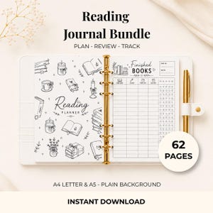 May include: A white ring-bound reading planner with a gold metal spine and a gold pen. The left page features black line art of books, candles, and flowers with the text Reading Planner. The right page is a Finished Books log with 62 pages total.