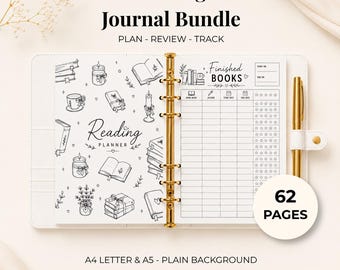 May include: A white ring-bound reading planner with a gold metal spine and a gold pen. The left page features black line art of books, candles, and flowers with the text Reading Planner. The right page is a Finished Books log with 62 pages total.