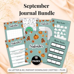 May include: A September journal bundle featuring 18 pages of printable planner sheets. The set includes calendars, mood trackers, and movie trackers with autumn-themed graphics like pumpkins, leaves, and scarves in shades of green and orange.