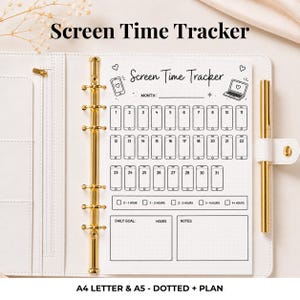 Peut inclure: Un classeur blanc avec des anneaux dorés et un stylo doré, contenant une page imprimée de suivi du temps d'écran. La page présente un calendrier mensuel avec des icônes de smartphone numérotées de 1 à 31, une légende horaire et des sections pour les objectifs quotidiens et les notes.