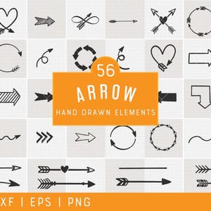 May include: A collection of 56 black hand-drawn arrow elements arranged in a grid. The designs include straight, curved, heart-shaped, and circular arrows, along with infinity symbols. An orange rectangular overlay displays the text 56 ARROW HAND DRAWN ELEMENTS.