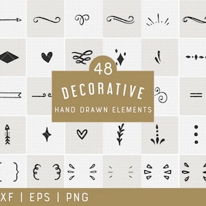 May include: A collection of 48 black hand-drawn decorative elements arranged in a grid, including arrows, hearts, stars, crowns, flourishes, and various line dividers. The central text reads 48 DECORATIVE HAND DRAWN ELEMENTS, with SVG, DXF, EPS, PNG below.