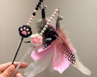 Pink Black Feather Cat Wand Toy, Paw Charm, Interactive Teaser, Kitten Exercise Tool