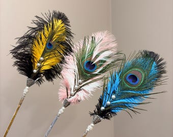 Luxury Peacock Feather Cat Wand Toy, Long Handle Teaser with Pearls, Rhinestones & Bell, Elegant Interactive Cat Gift