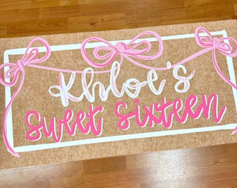 Personalized Sweet Sixteen Banner, Pink Bow 16th Birthday Party Sign, Custom Name Birthday Backdrop, Coquette Party Decor, 24x48