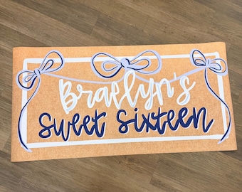 Personalized Sweet Sixteen Banner, Pink Bow 16th Birthday Party Sign, Custom Name Birthday Backdrop, Coquette Party Decor, 24x48