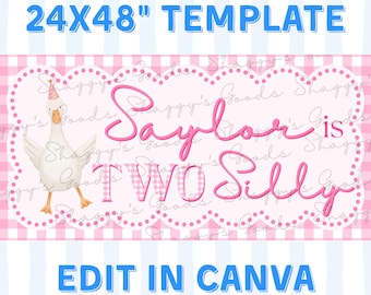Silly Goose Birthday Banner Canva Template, Goose 2nd Birthday Sign, Pink Gingham Party Backdrop, Editable 24x48 Digital Download