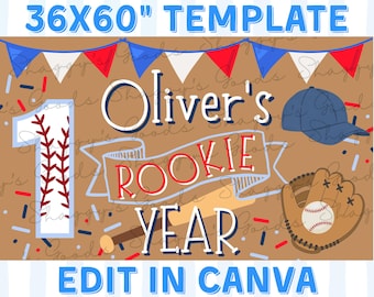 Baseball First Birthday Banner Canva Template, Rookie Year Birthday Sign, Boy 1st Birthday Backdrop, Editable Digital Download