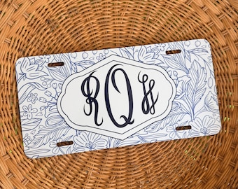 Navy Botanical Monogrammed Sublimated License Plate | Personalized Car Tag | Photo License Plate | Business Logo Plate